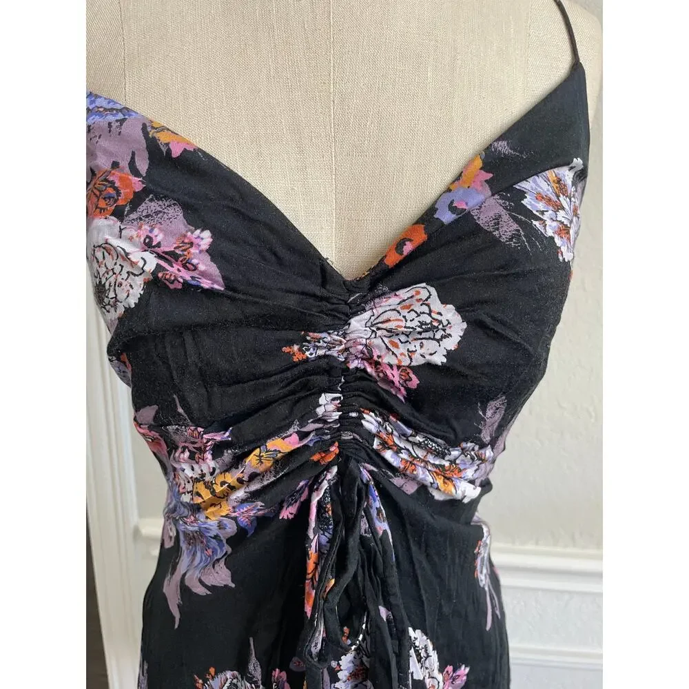 Free People Happy Heart Floral Mini Dress Black Smocked Tie Front Small